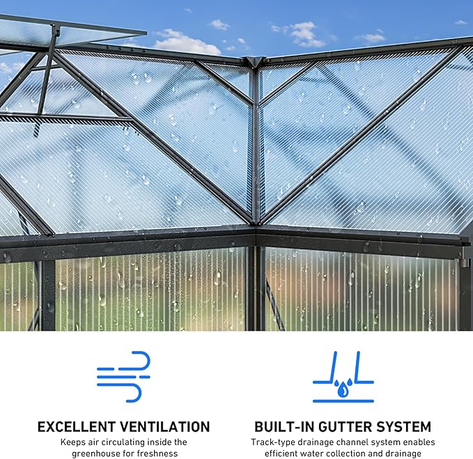 12X12FT Enhanced Aluminum Large Greenhouse for Outdoors with Thermometers | Easy Assembly, UV-Resistant Panel, Rain Gutter, Lockable Sliding Door, Built-in Reinforcement, For Vegetable, Flower and Herb