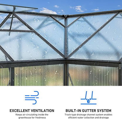 12X12FT Enhanced Aluminum Large Greenhouse for Outdoors with Thermometers | Easy Assembly, UV-Resistant Panel, Rain Gutter, Lockable Sliding Door, Built-in Reinforcement, For Vegetable, Flower and Herb