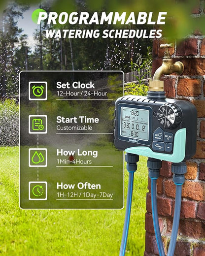 RAINPOINT 3 Zone Sprinkler Timer with Brass Inlet, Water Timer for Garden Hose,Rain Delay/Manual/Automatic Watering System, Hose,Hose Timers for Watering with IP65 Waterproof, Large LCD for Yard