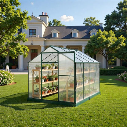 6x8 FT Greenhouse, Walk-in Polycarbonate Greenhouse, Heavy Duty Aluminum Outdoor Green House Kit with Sliding Door, Roof Vent, Rain Gutter for Backyard Garden All Season Growing, Green