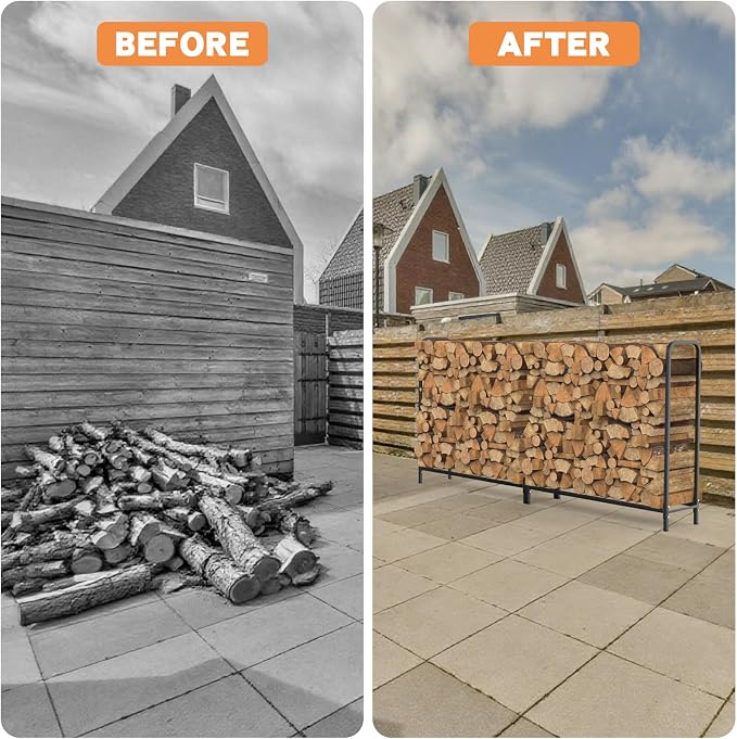 8ft Firewood Rack Outdoor with Cover, Heavy Duty Square Metal Wood Storage Log Holder Stacker, Indoor/Outdoor Use