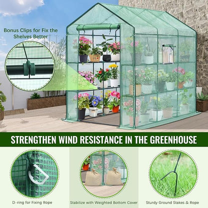 Greengro Greenhouse, 57 x 85 x 76'' Greenhouses for Outdoors, Portable Greenhouse with Mesh Side Windows, PE Cover, 8 Shelves, Heavy Duty Walk in Green House for Backyard Garden Indoor Outside, Green