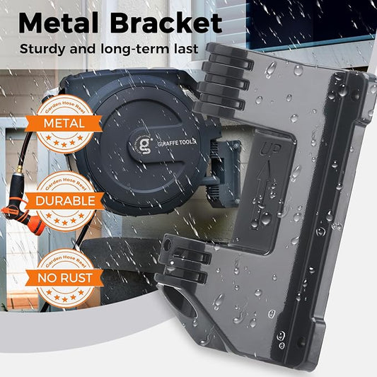 Giraffe Tools Retractable Hose Reel 1/2 in x130 FT PRO Metal Bracket Wall Mounted Heavy Duty Hose Reel with 7 Pattern Nozzle 180 Deg Swivel, Metal Bracket Any Length Lock (1/2 130FT PRO, Dark Grey)