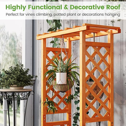 Giantex Set of 2 Raised Garden Bed with 2-Sided Trellis & Hanging Roof, Fir Wood Planter Box w/Drainage Holes, Bottom Gaps, Freestanding Garden Planter for Flowers Herbs Climbing Vines (31"x12.5"x60")
