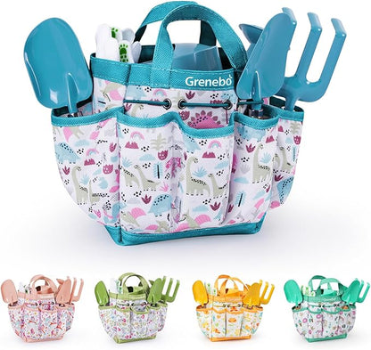 Grenebo Kids Gardening Set Toys, Quality Garden Tool Kit for Kids and Toddlers, Includes Two Shovels, Garden hat,Rake, Apron,Gloves, Watering Can, and Tool Bag (Blue)