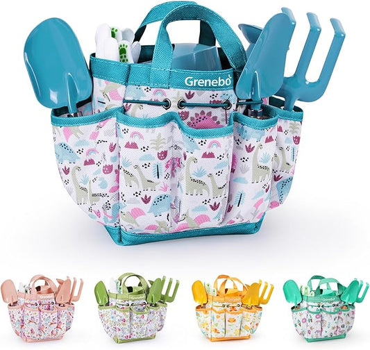 Grenebo Kids Gardening Set Toys, Quality Garden Tool Kit for Kids and Toddlers, Includes Two Shovels, Garden hat,Rake, Apron,Gloves, Watering Can, and Tool Bag (Blue)