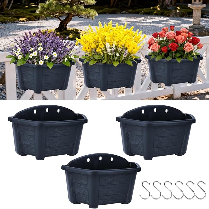 summer flower 3 Pack Hanging Planters for Railing, 9.84 Inch Plastic Window Box with Drain Hole Plug, Indoor Outdoor Flower Pots for Balcony Fence Garden Decor (Black)