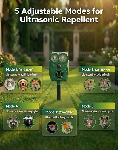 Solar Ultrasonic Animal Repeller with Motion Sensor, Deer Repellent Devices with LED Light, Waterproof Cat Repellent Outdoor, Dog Deterrent for Yard Garden to Repel Raccoon, Squirrel, Fox
