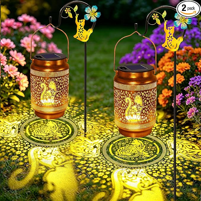 2 Pack Cat Solar Lanterns Outdoor Waterproof Solar Garden Decor, Birthday Gifts for Women Mom Grandma, Metal Hanging Lights with Shepherd Hook for Outside Yard Patio Pathway Backyard