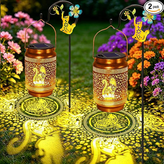 2 Pack Cat Solar Lanterns Outdoor Waterproof Solar Garden Decor, Birthday Gifts for Women Mom Grandma, Metal Hanging Lights with Shepherd Hook for Outside Yard Patio Pathway Backyard