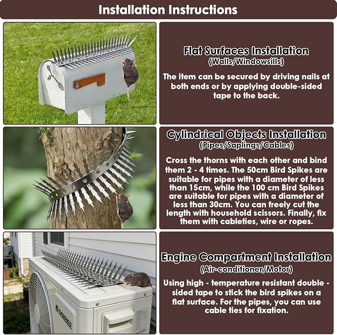 Bird spikes deterrent for outside Stainless Steel 360°Bend 100cm with Accessories, Anti Climb Spikes to Keep Birds- Pigeon-Racoon-Squirrel-Cat Away from porch baffle feeder yard patio garden Fence