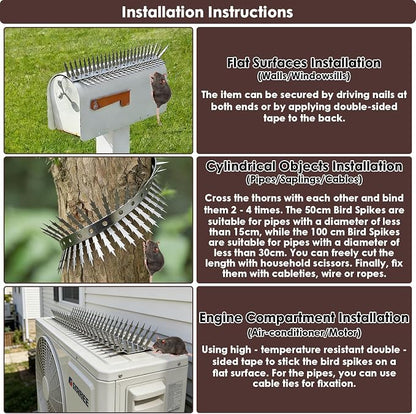 Bird spikes deterrent for outside Stainless Steel 360°Bend 100cm with Accessories, Anti Climb Spikes to Keep Birds- Pigeon-Racoon-Squirrel-Cat Away from porch baffle feeder yard patio garden Fence