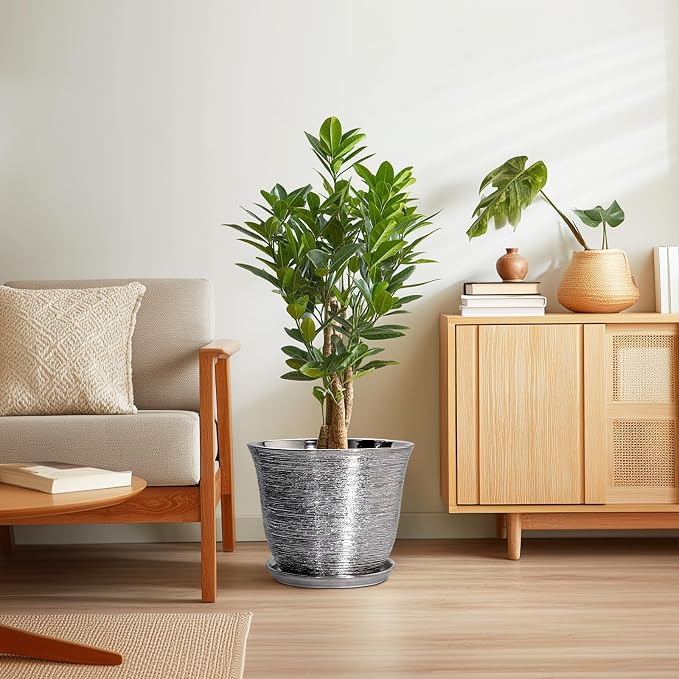 Ceramic Planter - 12 Inch Pots for Plants Indoor Outdoor, Round Planter with Drainage Hole and Saucer, Modern Decorative Planters, Large Plant Pot, House Patio Decor, Garden Gifts, Silver