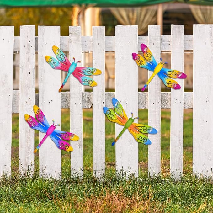 Large Dragonfly Outdoor Decor, 4 Pack 14 inch Metal Dragonfly Wall Art Hanging Sculpture Decorations for Outside, Fence Yard Patio Garden Exterior Door Decor