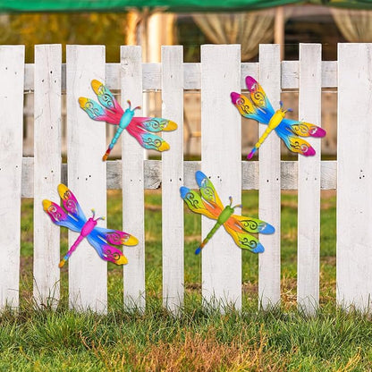 Large Dragonfly Outdoor Decor, 4 Pack 14 inch Metal Dragonfly Wall Art Hanging Sculpture Decorations for Outside, Fence Yard Patio Garden Exterior Door Decor
