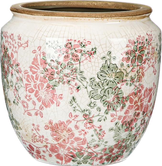 LemonRoad 7 Inch Large Vintage Ceramic Planter with Drainage Holes Ice Crackle Flower Vase Flower Pot with Farmhouse Rose Pattern for Indoor Outdoor Plants Garden Home Kitchen Office Shelf Decor