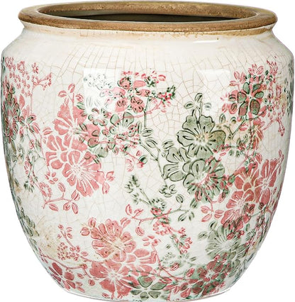 LemonRoad 7 Inch Large Vintage Ceramic Planter with Drainage Holes Ice Crackle Flower Vase Flower Pot with Farmhouse Rose Pattern for Indoor Outdoor Plants Garden Home Kitchen Office Shelf Decor