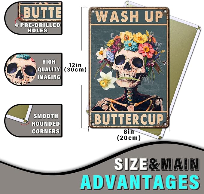 PEACHGARDEN Wash Up Buttercup Metal Sign, Funny Bathroom Decor, Skeleton Skull Bathroom Wall Art, Vintage Floral Aluminum Sign for Restroom Guest Bath Toilet, 8x12 Inch