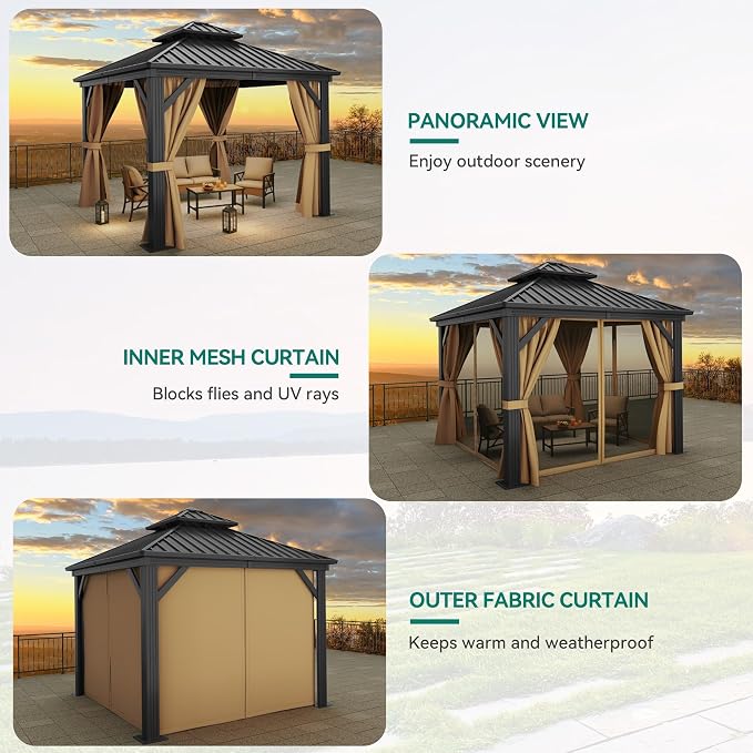YITAHOME 10x10ft Hardtop Gazebo with Nettings and Curtains | Heavy Duty Double Roof Galvanized Steel Outdoor Combined of Horizontal Vertical Stripes Roof for Patio, Backyard, Deck, Lawn
