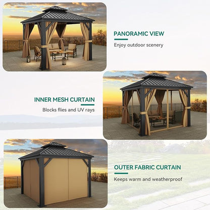 YITAHOME 10x10ft Hardtop Gazebo with Nettings and Curtains | Heavy Duty Double Roof Galvanized Steel Outdoor Combined of Horizontal Vertical Stripes Roof for Patio, Backyard, Deck, Lawn