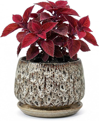 7.5 Inch Ceramic Planter with Saucer,Modern Garden Pots with Drainage Hole Mesh Net, for Indoor Outdoor Use(Speckle White)