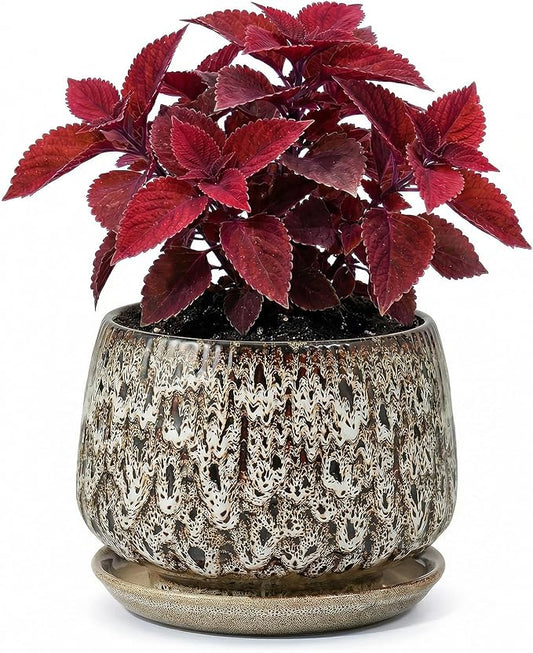 7.5 Inch Ceramic Planter with Saucer,Modern Garden Pots with Drainage Hole Mesh Net, for Indoor Outdoor Use(Speckle White)
