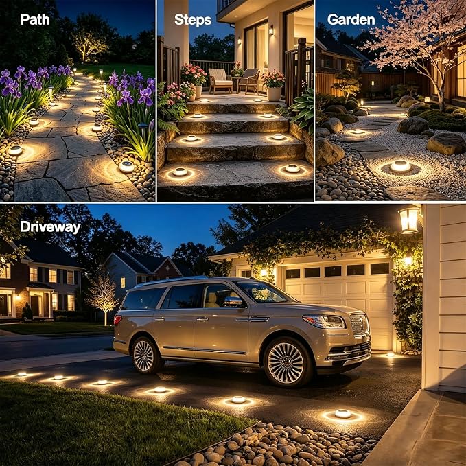 Solar Driveway Lights 8 Pack, Solar Walkway Lights Outdoor IP67 Waterproof, Solar Ground Lights Lighting for Yard Path Step Sidewalk Stair Pathway（Warm White）