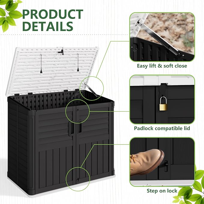 Greesum Outdoor Trash Can Storage Shed, 34 Cu.ft Waterproof Horizontal Storage Shed, Portable Horizontal Resin Storage Shed for Garden, Backyard, Patio, Dark Black