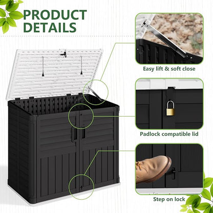 Greesum Outdoor Trash Can Storage Shed, 34 Cu.ft Waterproof Horizontal Storage Shed, Portable Horizontal Resin Storage Shed for Garden, Backyard, Patio, Dark Black