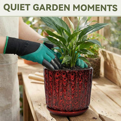 10 Inch Ceramic Planter Pot with Saucer Drainage Leak-Proof Mesh,Flower Pots for Indoor Plants with Gardening Gloves,Ceramic Planter(Spotted Red)
