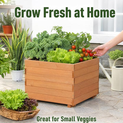 23.62" Square Wooden Planter Box, Planters for Outdoor Plants | Fir Wood Outdoor Garden Bed with 2 Drainage Holes Reinforced Bottom Support