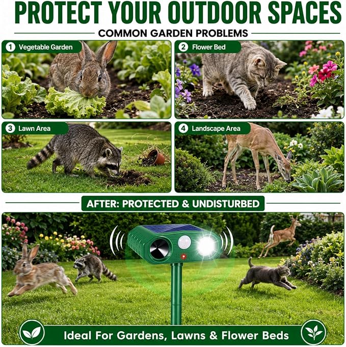 4 Pack Deer Repellent Devices,Ultrasonic Cat Repellent Outdoor Solar Animal Repeller for Squirrel Racoon Rabbit Fox Dog Skunk,Flashing Light IP65 Waterproof Motion Sensor Animal Deterrent for Garden