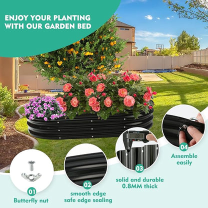 YSEJOMP 12" Tall Oval-Shaped/Elliptic Metal Raised Garden Bed Outdoor Black | 60X32X12 Inch,1 FT Tall,0.8MM Thick Galvanized Metal Painted,for Variety of Flowers,Herbs,Vegetables.with Gloves,Tool free
