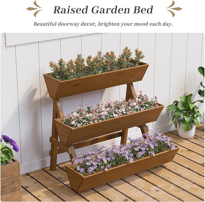Kitsanery 3-Tiers Wooden Raised Garden Bed,Wood Planter Box for Vegetable,Flower Rack,Flower Pot Stands,Indoor Outdoor Gardening Planting Beds (Brown, Large)