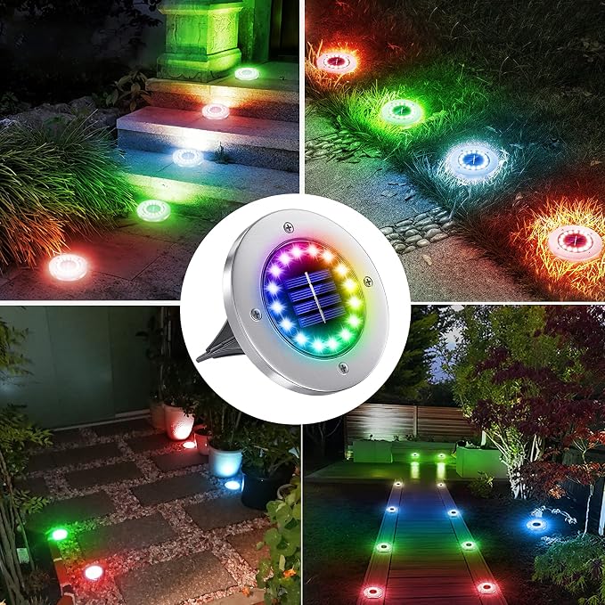NFESOLAR Solar Ground Lights Outdoor with 16 LEDs Multi-Color for Outdoor | IP65 Waterproof, Stainless Steel Shell, Wire-Free, Easy to Use for Garden Yard Lawn Pathway Walkway- 8 Pack