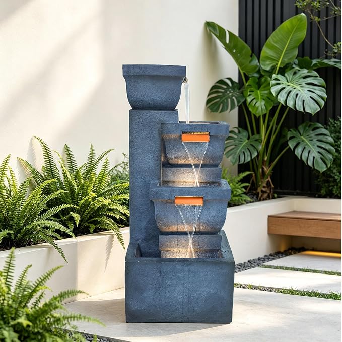 Large Outdoor Fountains, 4-Tier Garden Fountain with LED Lights, Cascading Waterfall Floor Standing Water Feature for Patio Yard Backyard