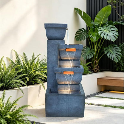 Large Outdoor Fountains, 4-Tier Garden Fountain with LED Lights, Cascading Waterfall Floor Standing Water Feature for Patio Yard Backyard