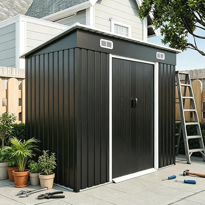 YOPTO 8X4 FT Metal Lockable Outdoor Storage Shed W/Air Vents,Black | Galvanized Steel Shed W/ Sliding Lockable Door,Threshold,Sloped Roof,All Weather Waterproof for Garden,Patio,Backyard,Lawn