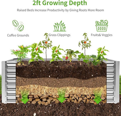 Land Guard 6×3×2 ft Galvanized Metal Raised Garden Bed, 2FT Deep Root Elevated Planter Box Steel Large Vegetable Flower Bed Kit（Silver）