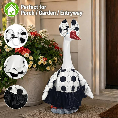 20" Large Porch Goose Statue + 2 Set Soccer Goose Outfits, Outdoor Statue, Football Match Decorations, Weather Resistant Yard Decor for World Cup Game Day Decor, Soccer Fan Gift