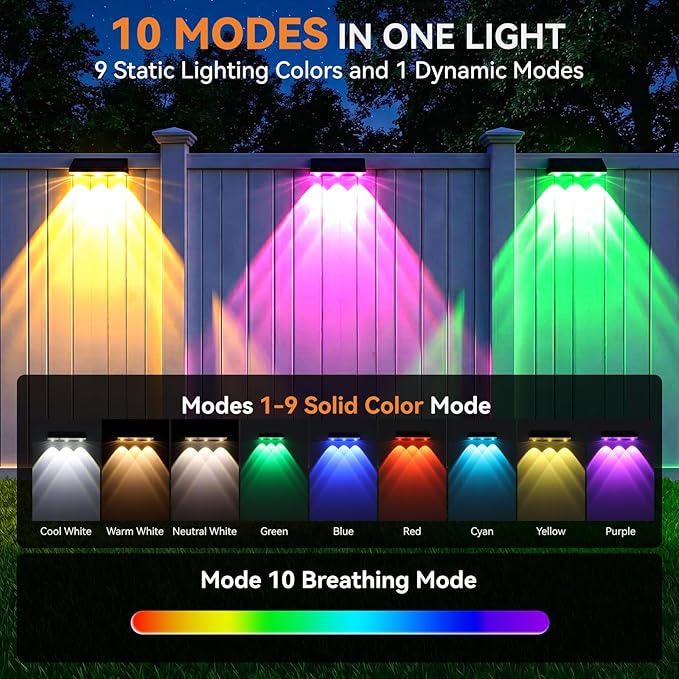 Solar Fence Lights Outdoor 10 Pack, Upgraded Brightness 3X LED Lens Fence Lights Solar Powered, 9 Fixed Colors & RGB Lights, IP65 Waterproof Solar Lights for Outside Backyard/Railing/Step/Patio
