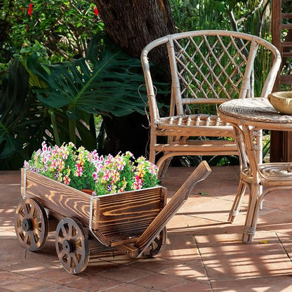 Beeveer Wooden Wagon Flower Planter Cart Garden Planter Box with Wagon Wheels Cart for Home Garden Outdoor Balcony Decorative, Patio Flowers Herbs Vegetables, Brown 34 x 23.5(Small Classic)