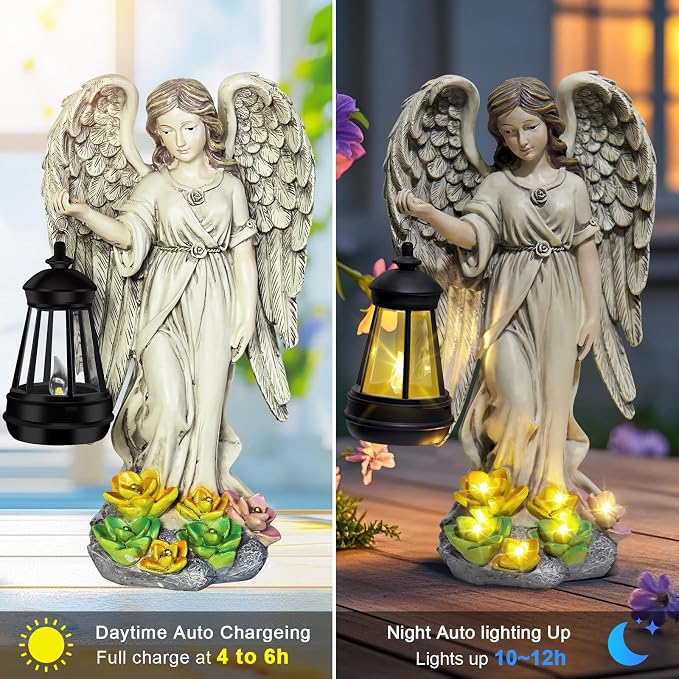NBQQ Solar Garden Statue Angel Figurine, 11.8 inches Fairy Garden Waterproof Statue with Solar Light and Succulent LED Lights for Outside Yard Patio Balcony Lawn Ornaments, Gifts for Mom Women