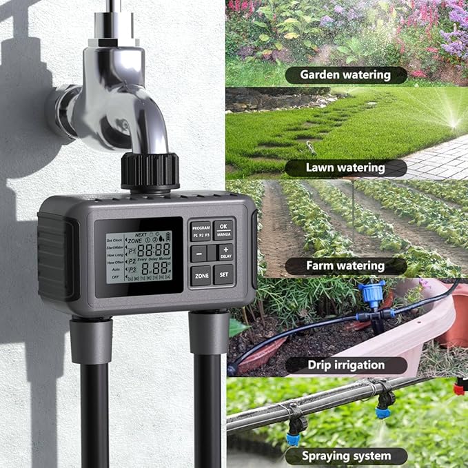 Uzoli 2-Zone Sprinkler Timer for Garden Hose, Programmable Water Timer with Automatic & Manual Mode, Rain Delay, IP55 Waterproof for Yard, Lawn, Pool