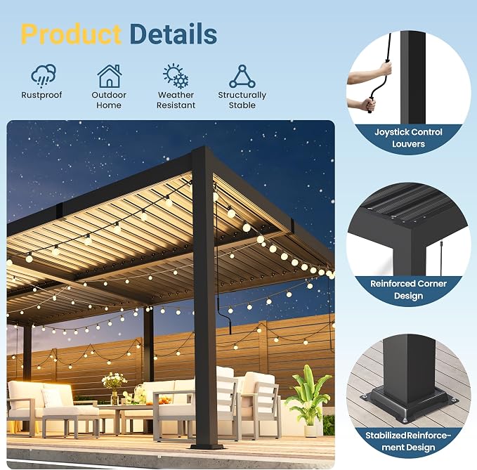 12' x 20' Louvered Pergola, Aluminum Frame Outdoor Pergola with Adjustable Louvered Roof & Integrated Gutter System, Outdoor Hardtop Patio Gazebo for Patio, Backyard, Deck, Garden, Dark Gray