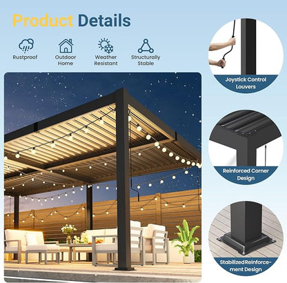 12' x 20' Louvered Pergola, Aluminum Frame Outdoor Pergola with Adjustable Louvered Roof & Integrated Gutter System, Outdoor Hardtop Patio Gazebo for Patio, Backyard, Deck, Garden, Dark Gray