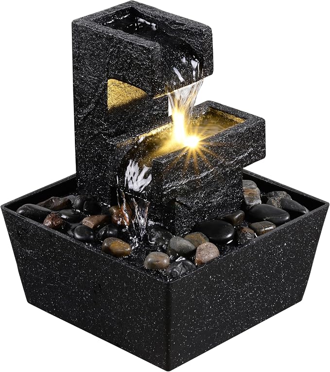 8 Inch Modern Black Tabletop Water Fountain with LED Light – Indoor Waterfall Feature for Home or Office Décor, Zen Relaxation Desktop Water Fountain Outdoor
