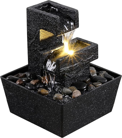 8 Inch Modern Black Tabletop Water Fountain with LED Light – Indoor Waterfall Feature for Home or Office Décor, Zen Relaxation Desktop Water Fountain Outdoor