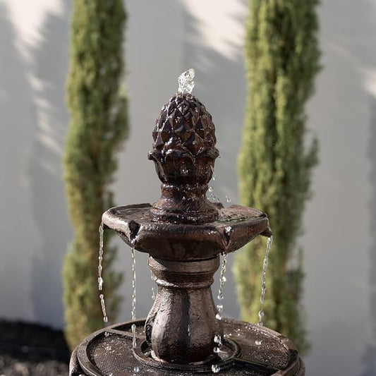 XBrand 3-Tier Water Fountain w/Pump & Pineapple Top, 51 Inch Tall, Brown, Large Outdoor Freestanding Waterfall Decor for Porch, Lawn and Garden