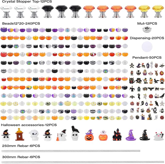 Beaded Garden Stake, DIY Halloween Decorative Garden Stake Kit, Beaded Fairy Wand with 12 in or 10 in Threaded Rod, Crystal Stopper, Large Holes Bead, Pendant,s Outdoor Thanksgiving Decorations kit
